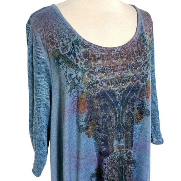 One World 2X blue boho asymmetrical knit 3/4 sleeve top Whimsigoth Hippie - Picture 2 of 5